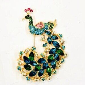 Elegant Peacock Brooch Rhinestone Glam Trendy Stylish Large Bold Sparkle Bird